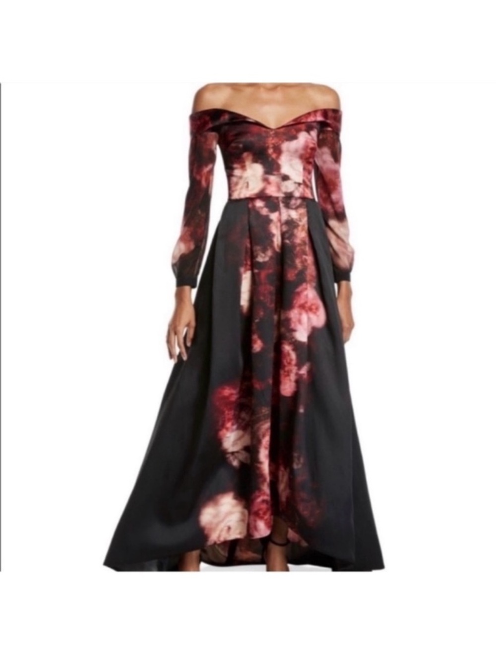 David Meister Black and Red Off-Shoulder Dress